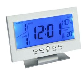 Digitális óra LCD kijelzővel és hangvezérléssel, hőmérő funkcióval DS-8082 - Ezüst 