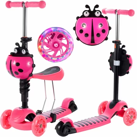 Háromkerekű roller világító kerekekkel és nyereggel - Rózsaszín - MS-897